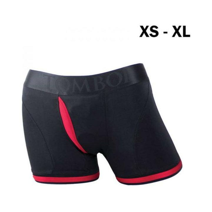 Black and red Spareparts Tomboii boxer brief sizing sample shown on white background with XS to XL size range text.