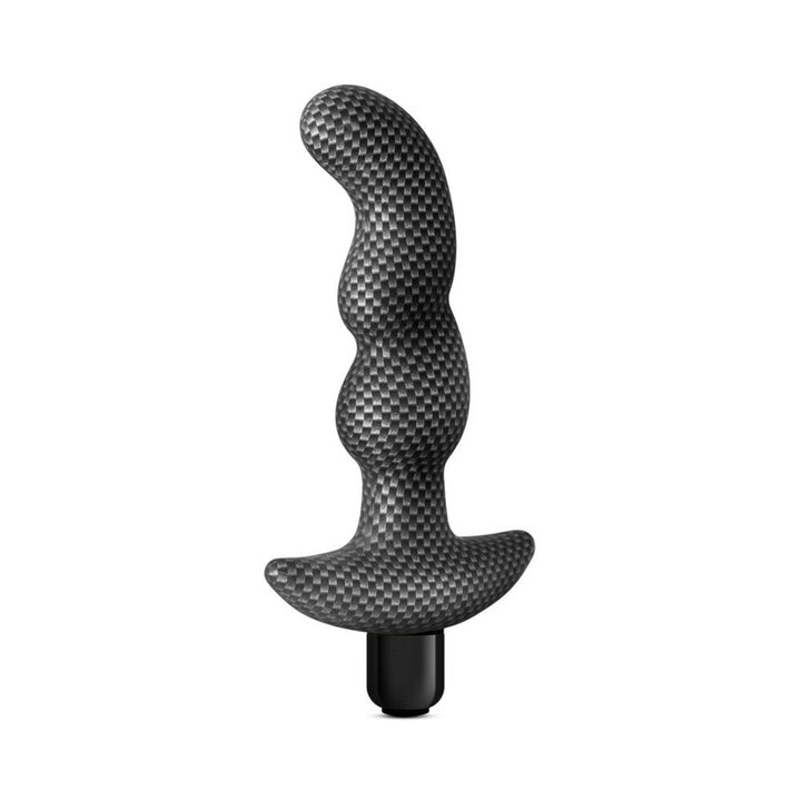 Carbon fiber textured prostate massager with ergonomic curved design and tapered tip, featuring a removable black bullet vibrator.