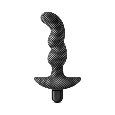 Carbon fiber textured prostate massager with curved ergonomic design and tapered tip, featuring a removable bullet vibrator.