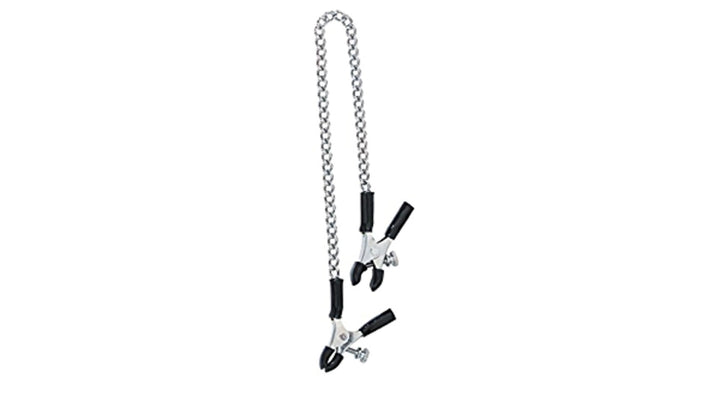Silver adjustable nipple clamps with black rubber tips connected by a curved silver chain for customizable sensation play.