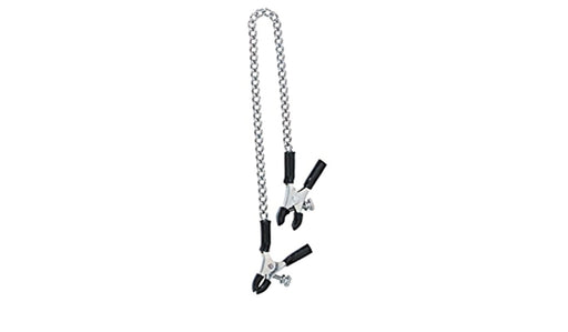 Silver adjustable nipple clamps with black rubber tips connected by a curved silver chain for customizable sensation play.