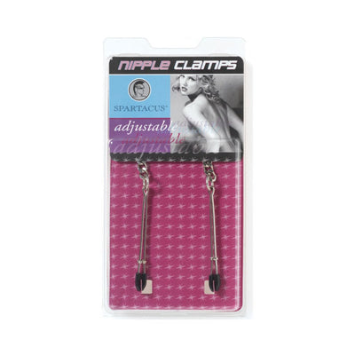 Spartacus adjustable tweezer-style nipple clamps in clear retail packaging with pink and blue background.
