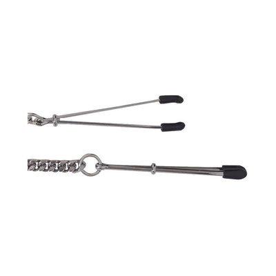 Close-up of Spartacus adjustable tweezer nipple clamps with black rubber tips and attached silver chain.