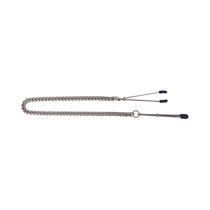 Spartacus adjustable tweezer nipple clamps with metal chain and black rubber tips on a white background.
