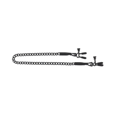 Black adjustable nipple clamps connected by a linked chain with rubber-tipped pinchers for customizable pressure.