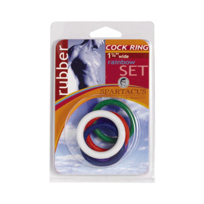 Spartacus Rainbow Set of 4 rubber cock rings in green, white, red, and blue in retail packaging.