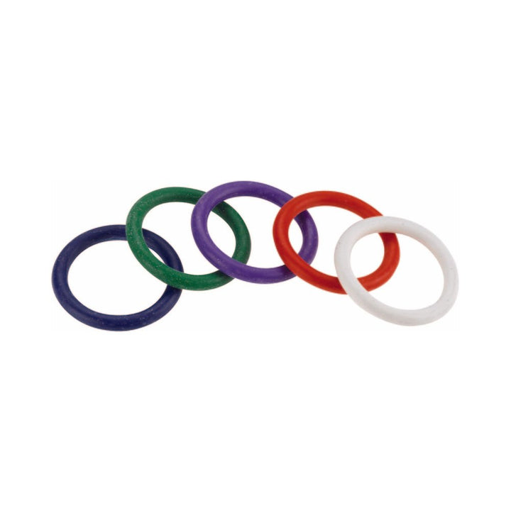 Set of five colorful rubber rings in blue, green, purple, red, and white on a white background.