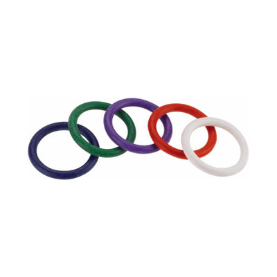 Set of five colorful rubber rings in blue, green, purple, red, and white on a white background.