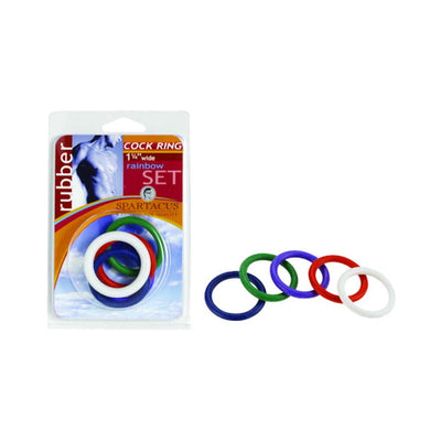 Spartacus Rainbow Set of 4 rubber cock rings in blue, green, red, and white with packaging shown.