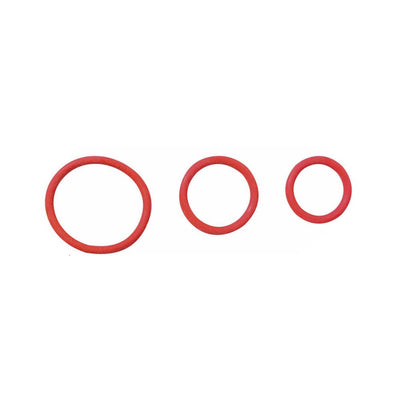 Set of three red rubber cock rings in varying sizes displayed on a white background.