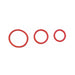 Set of three red rubber cock rings in varying sizes displayed on a white background.