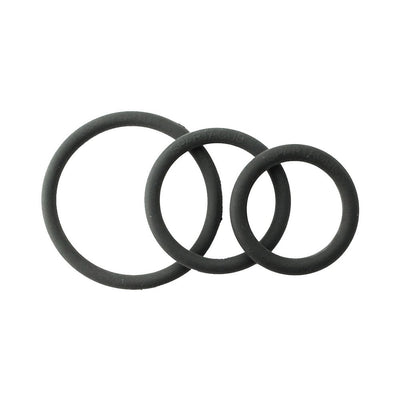 Set of three black rubber cock rings in varying sizes for customizable fit and enhanced performance.