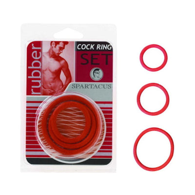 Spartacus set of three red rubber cock rings in varying sizes with retail packaging showing a male figure.