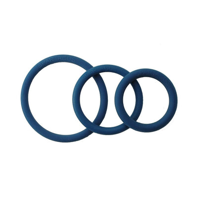 Set of three blue Spartacus rubber cock rings in varying sizes on a white background.