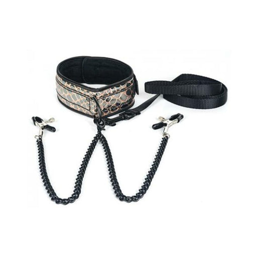 Spartacus Faux Leather Collar & Leash Black Nipple Clamps Gold - SexToy.com