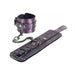 Purple faux leather ankle restraints with adjustable buckles and connecting metal chain clasp