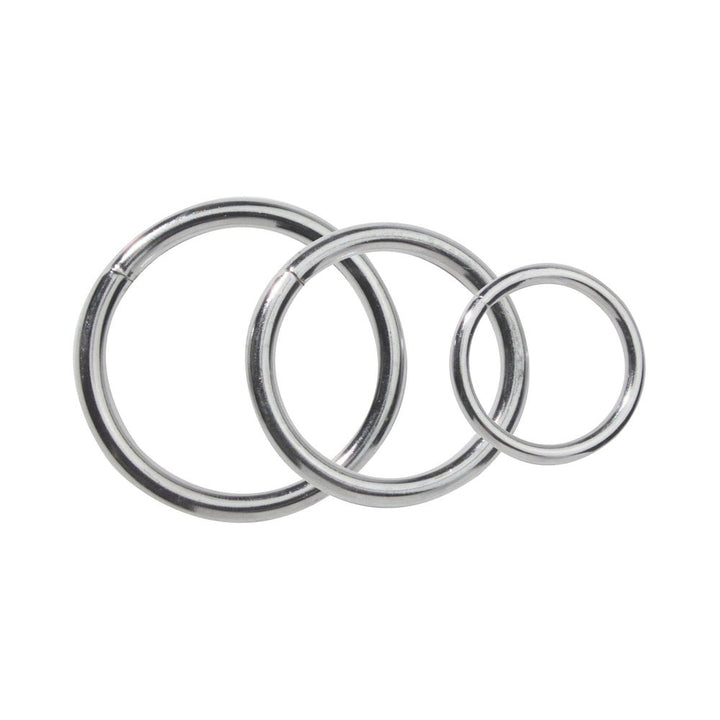 Three polished nickel metal rings in varying sizes arranged side by side on a white background.