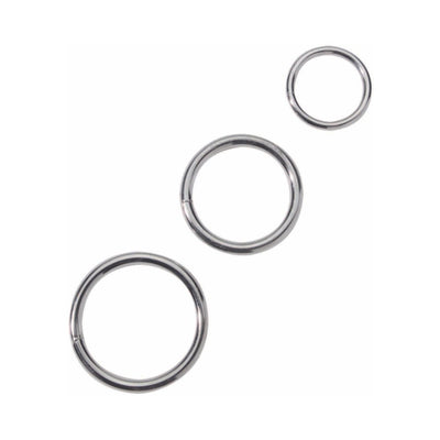 Set of three polished nickel metal rings in small, medium, and large sizes for intimate use.