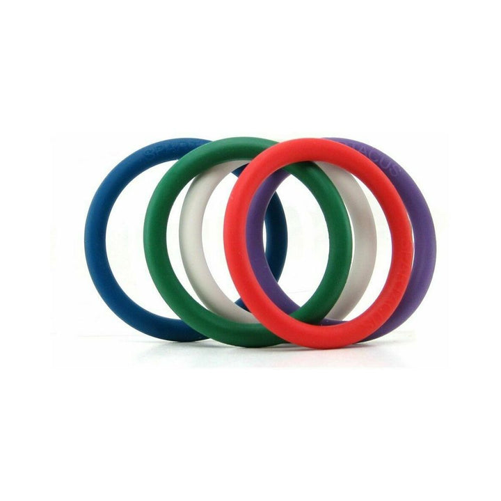 Set of five Spartacus nitrile cock rings in blue, green, white, red, and purple, each 1.5 inches in diameter.