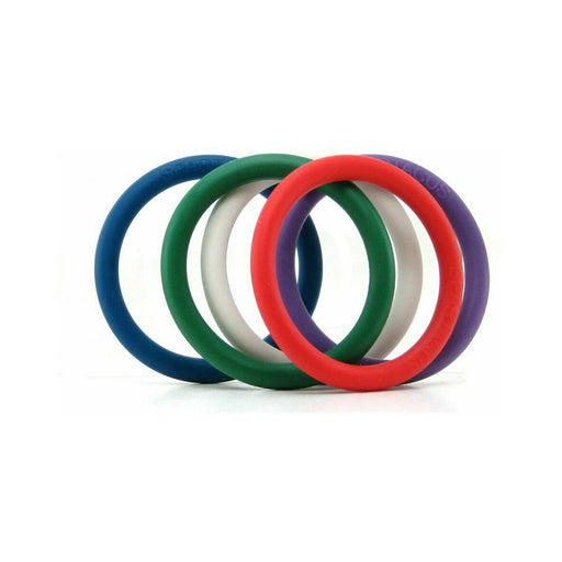 Set of five Spartacus nitrile cock rings in blue, green, white, red, and purple, each 1.5 inches in diameter.