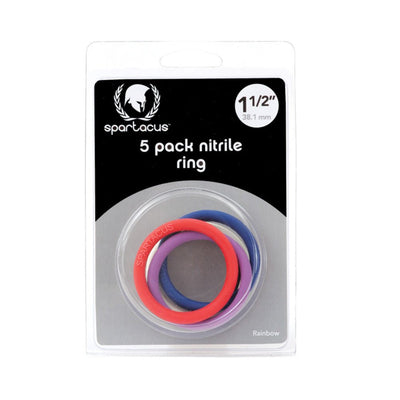 Pack of five colorful Spartacus nitrile rings, 1.5 inches each, displayed in clear retail packaging.