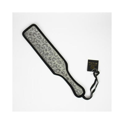 Silver leopard print neoprene paddle with black trim and wrist loop on white background.