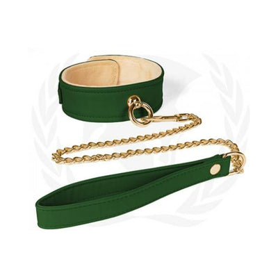 Green plush-lined PU collar with gold chain leash and matching handle on white background.