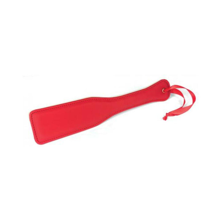 Red PU paddle with stitched edges and a wrist strap, designed with a smooth side and reverse plush lining.