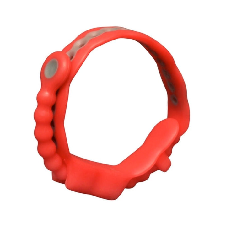 Adjustable red silicone cock ring with quick release tab and textured ball rope for customizable fit.