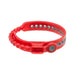 Adjustable red silicone ring with multiple size holes and quick release tab for customizable fit.