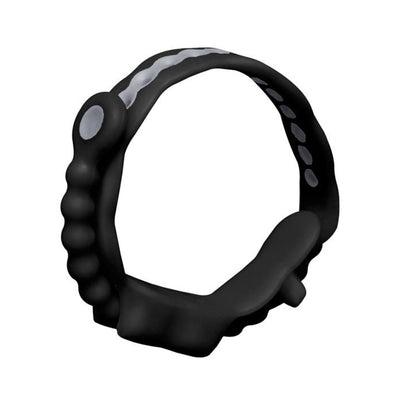 Black adjustable cock ring with textured band and quick release tab for customizable fit and comfort.