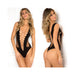 Black bodysuit with plunging lace-up front and sheer fishnet side panels, shown from front and back on model.