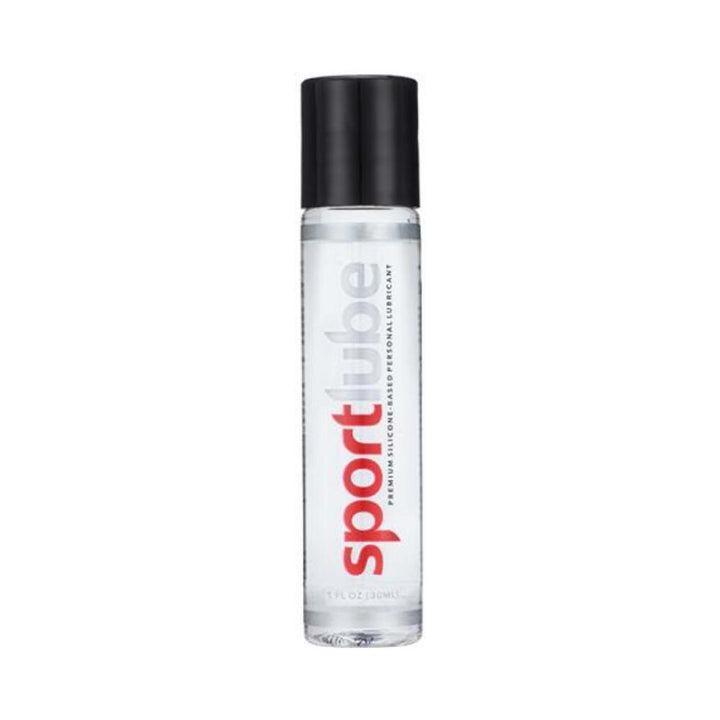 Clear 1 oz Sportlube silicone-based personal lubricant bottle with black cap and red and gray text on label