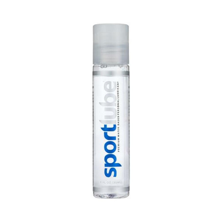Clear 1 fl oz bottle of Sportlube water-based personal lubricant with blue and gray branding and a translucent cap.