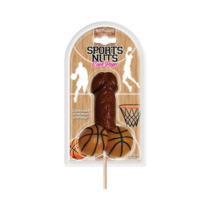 Chocolate-flavored novelty lollipop shaped like a basketball-themed adult toy on a stick in sports-themed packaging.