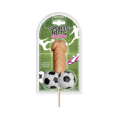 Caramel-flavored novelty lollipop shaped like a playful figure with soccer ball design on packaging.