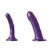 Two purple silicone dildos of different sizes with suction cup bases on a white background.