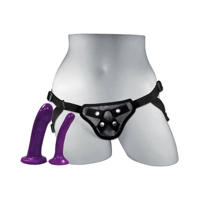 Black adjustable strap-on harness displayed on a mannequin with two purple interchangeable silicone attachments.