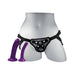 Black adjustable strap-on harness displayed on a mannequin with two purple interchangeable silicone attachments.