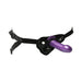Adjustable black strap-on harness with a purple dildo attachment for versatile wear and comfort.