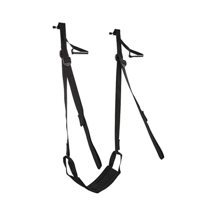 Adjustable black door jam sling with padded seat and sturdy straps for secure attachment and support.