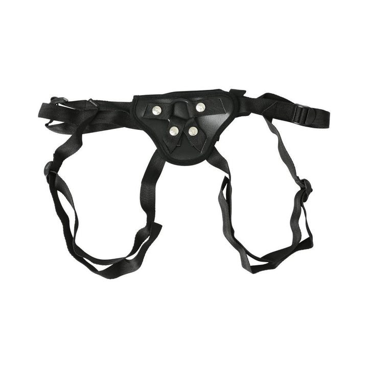 Adjustable black strap-on harness with durable webbing and secure metal hardware, designed for comfortable fit and versatility.