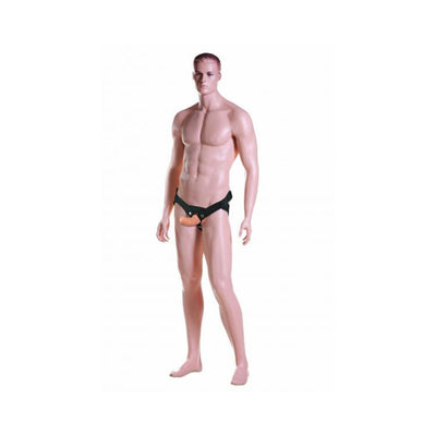 Male mannequin wearing a black adjustable harness with a flesh-toned hollow dildo attached at the front.