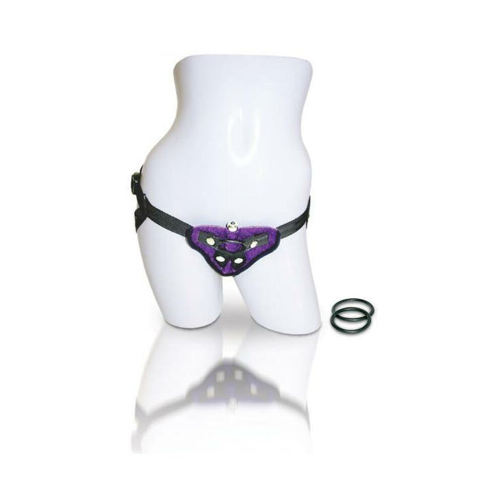 Purple and black adjustable strap on harness displayed on a white mannequin torso with two extra O-rings beside it.