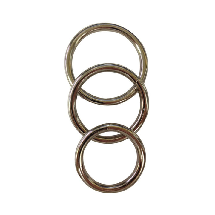 Set of three polished metal O-rings in varying sizes arranged vertically on a white background.