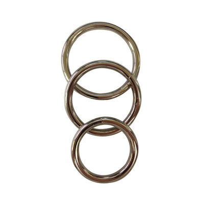 Set of three polished metal O-rings in varying sizes arranged vertically on a white background.