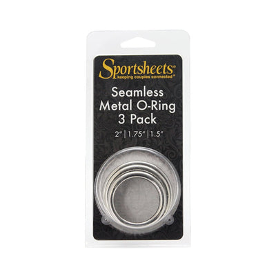 Sportsheets seamless metal O-ring 3 pack in varying sizes 2, 1.75, and 1.5 inches in clear retail packaging.