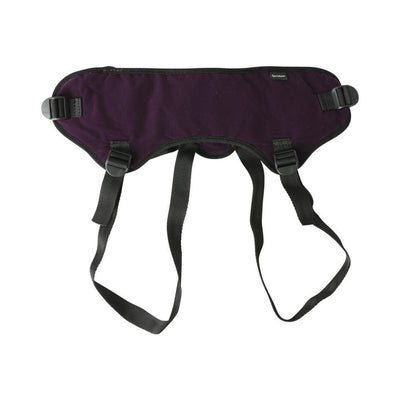 Purple plush strap-on harness with adjustable black straps and buckles for a customizable fit.
