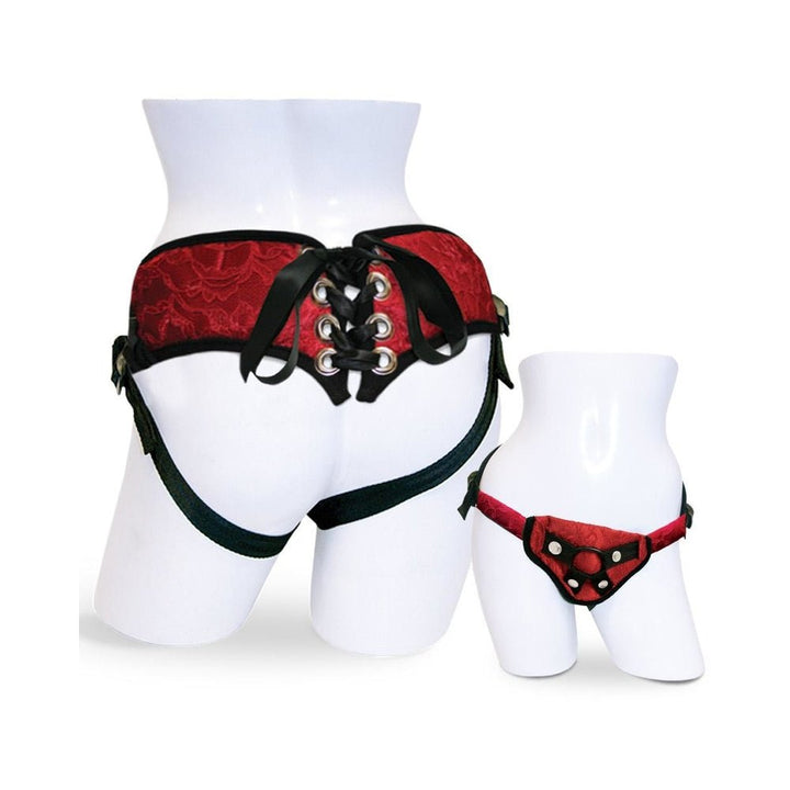 Red lace corsette strap-on with adjustable black straps displayed on white mannequin hips from front and back views.