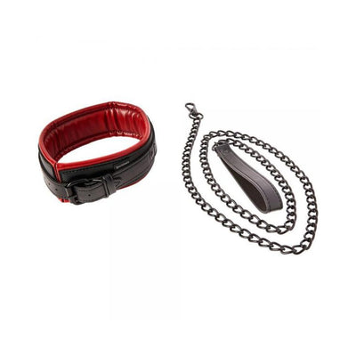 Black and red padded vegan leather collar with adjustable buckle and matching black metal chain leash with loop handle.